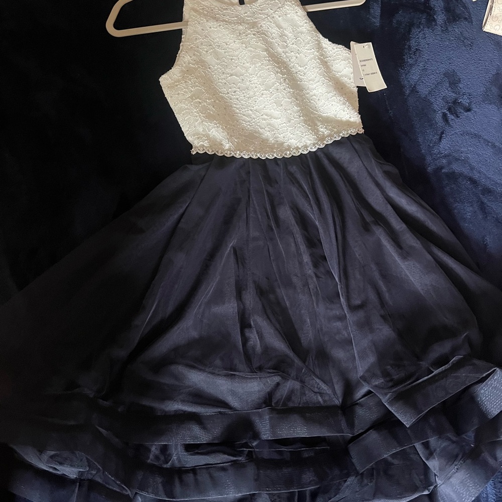 Speechless White Lace and Navy Kids Dress